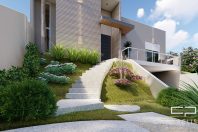Planta Casa Terrea Terreno Aclive 12×30 Condominio Fundo Alto com Desnivel 3 suites Fachada Moderna