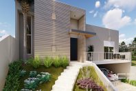 Planta Casa Terrea Terreno Aclive 12×30 Condominio Fundo Alto com Desnivel 3 suites Fachada Moderna