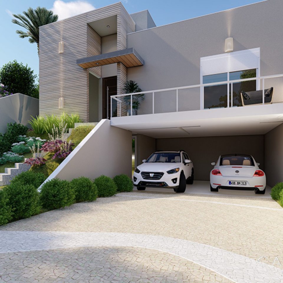 Planta Casa Terrea Terreno Aclive 12×30 Condominio Fundo Alto com Desnivel 3 suites Fachada Moderna